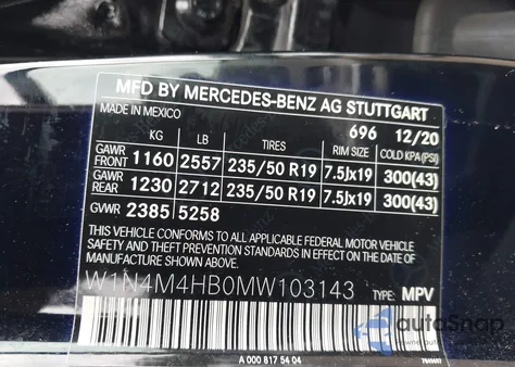 2021 Mercedes-Benz Glb 250 4Matic из США, поврежденный, VIN W1N4M4HB0MW103143